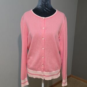 Lands' End Pink Two-Tone Stripe Trim Cardigan Sweater | Size S (6-8) |